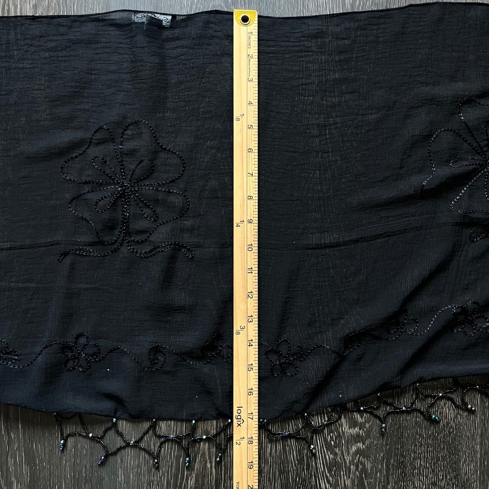 VTG Black Beaded Floral Embroidered Sheer Shawl Wrap Fringe Whimsigoth Vamp Y2K - Picture 9 of 9